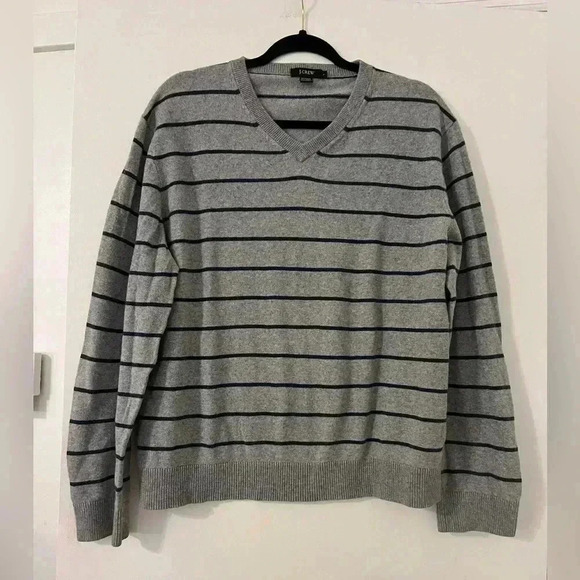 J.Crew Striped on Gray Cotton&Cashmere Blend V-Neck Sweater Men L (SW112) - Picture 1 of 6